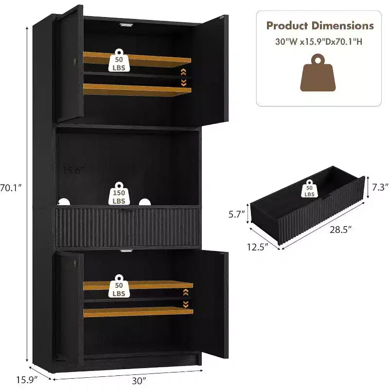 Dispensa a colonna scanalata da 70 cm - Mobile contenitore con piano di lavoro, ante e cassetto per cucina e sala da pranzo