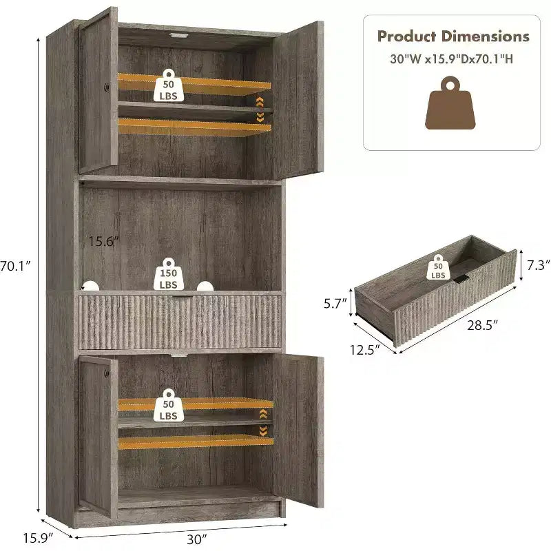 Dispensa a colonna scanalata da 70 cm - Mobile contenitore con piano di lavoro, ante e cassetto per cucina e sala da pranzo