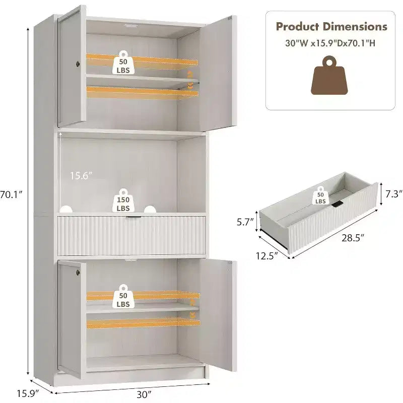 Dispensa a colonna scanalata da 70 cm - Mobile contenitore con piano di lavoro, ante e cassetto per cucina e sala da pranzo