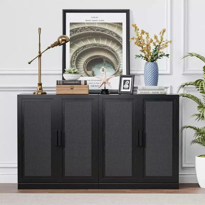 PexFix 62 W x 31 H Modern Sideboard Cabinet with 4-Doors Rattan Panels Buffet Console Accent Storage Cabinet for Hallway Entryway Dining Room Black