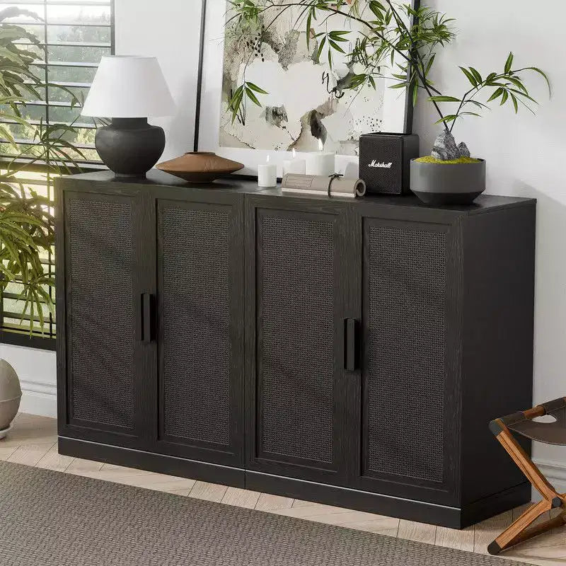 PexFix 62 W x 31 H Madia Moderna con Ante a 4 Pannelli in Rattan Mobile Buffet Credenza Consolle con Vano Contenitore per Corridoio Ingresso Sala da Pranzo Nero