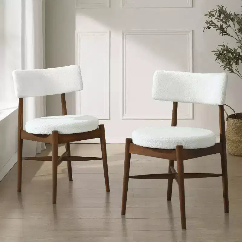 Set di 2 sedie da pranzo Okak Mid Century in Bouclé, senza braccioli, con schienale e seduta in legno, per sala da pranzo, cucina