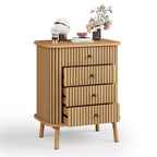 COZONY 4 Drawer Dresser, Boho Wicker Chest of Drawers with Matte Black Handles and Wood Legs for Bedroom, Living Room, Hallway