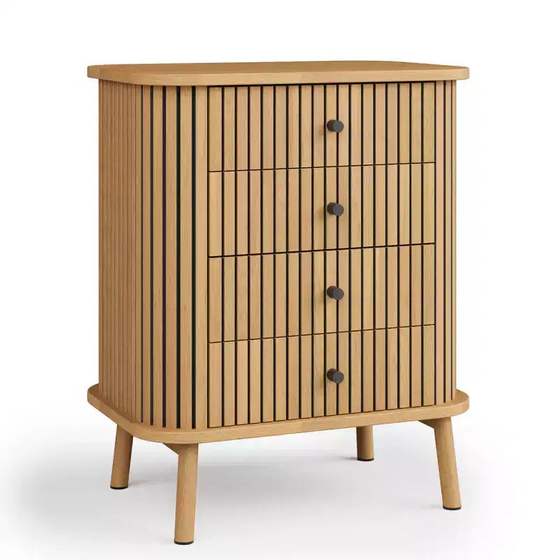 Cassettiera COZONY a 4 cassetti, mobile con cassetti in vimini bohémien con maniglie nere opache e gambe in legno per camera da letto, soggiorno, corridoio