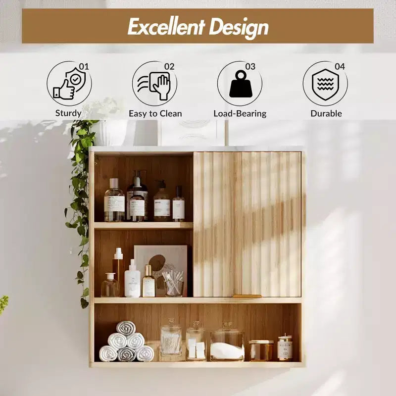 CuisinSmart Mobiletto da Bagno a Parete con Porta Scorrevole, Armadietto dei Medicinali con Piano Effetto Marmo, Ripiano Regolabile e Spazio di Archiviazione Aperto