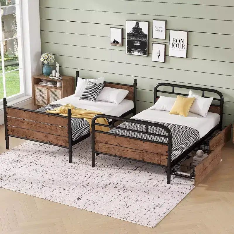 Letto a castello in metallo Twin XL su Twin XL, divisibile, con luce LED e due cassetti portaoggetti, nero