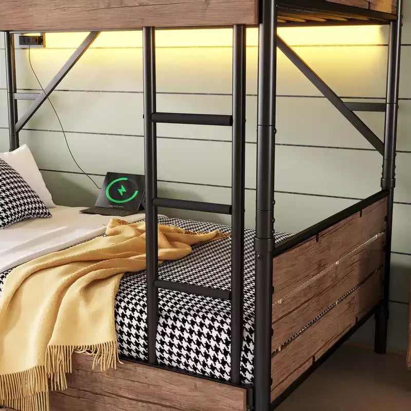Letto a castello in metallo Twin XL su Twin XL, divisibile, con luce LED e due cassetti portaoggetti, nero