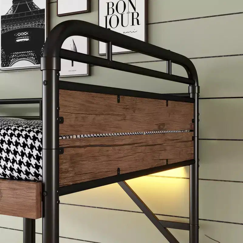 Letto a castello in metallo Twin XL su Twin XL, divisibile, con luce LED e due cassetti portaoggetti, nero