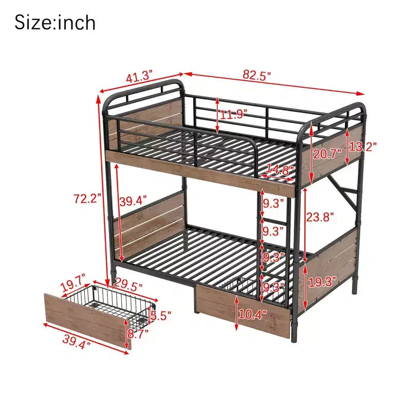 Letto a castello in metallo Twin XL su Twin XL, divisibile, con luce LED e due cassetti portaoggetti, nero