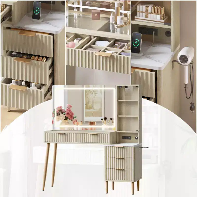 Toeletta con Luci, Tavolo da Trucco in Legno Scanalato, Tavolo da Trucco Moderno con Piano in Vetro, 5 Cassetti e 3 Ripiani, per Camera da Letto