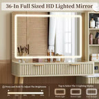 Toeletta con Luci, Tavolo da Trucco in Legno Scanalato, Tavolo da Trucco Moderno con Piano in Vetro, 5 Cassetti e 3 Ripiani, per Camera da Letto