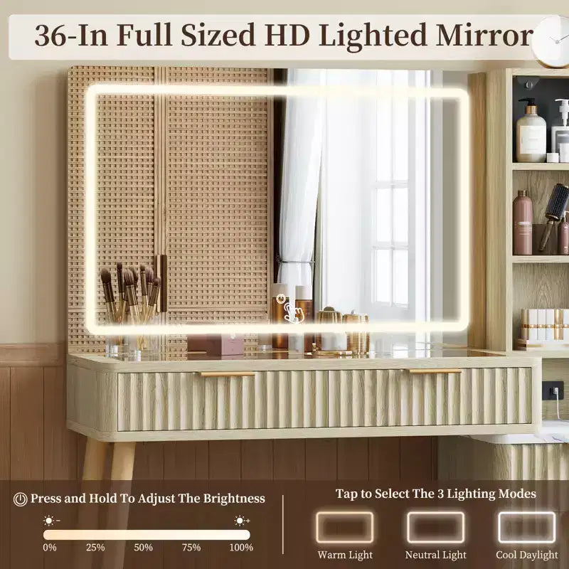 Toeletta con Luci, Tavolo da Trucco in Legno Scanalato, Tavolo da Trucco Moderno con Piano in Vetro, 5 Cassetti e 3 Ripiani, per Camera da Letto