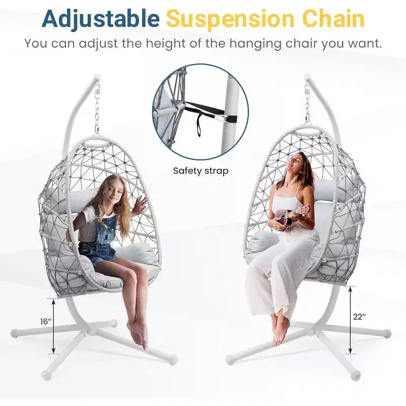 Heynemo Sedia a uovo sospesa da esterno con supporto, sedia a dondolo da interno, sedia sospesa in vimini in stile boho con supporto capacità 158 kg