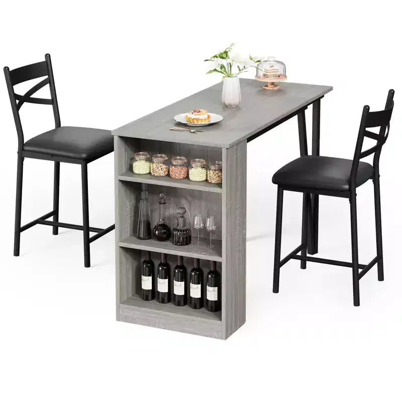 Set tavolo da pranzo per 2, tavolo e sedie da cucina altezza bancone con ripiani portaoggetti, set tavolo da bar con 2 sedie imbottite, set tavolo da pranzo