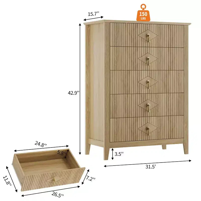 Cassettiera a 5 cassetti per camera da letto, comò in legno da 32" di larghezza con maniglie in metallo, organizer per vestiti scanalato, comodino stretto