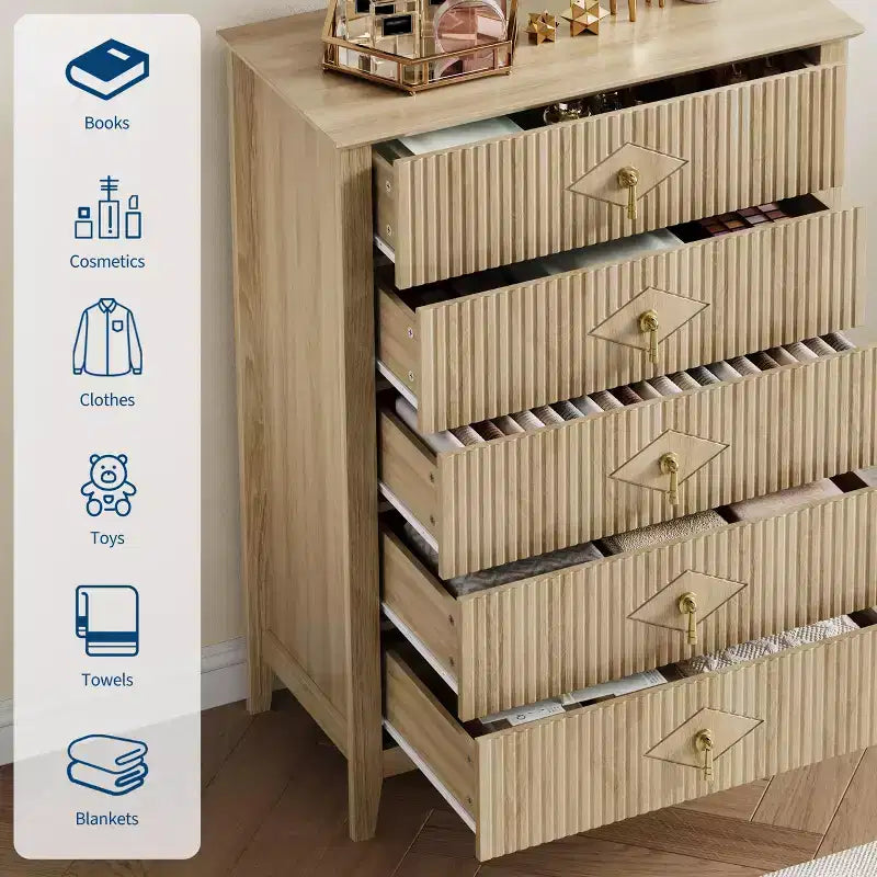 Cassettiera a 5 cassetti per camera da letto, comò in legno da 32" di larghezza con maniglie in metallo, organizer per vestiti scanalato, comodino stretto