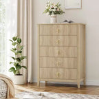 Cassettiera a 5 cassetti per camera da letto, comò in legno da 32" di larghezza con maniglie in metallo, organizer per vestiti scanalato, comodino stretto