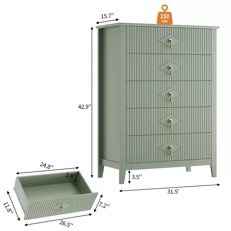 Cassettiera a 5 cassetti per camera da letto, comò in legno da 32" di larghezza con maniglie in metallo, organizer per vestiti scanalato, comodino stretto