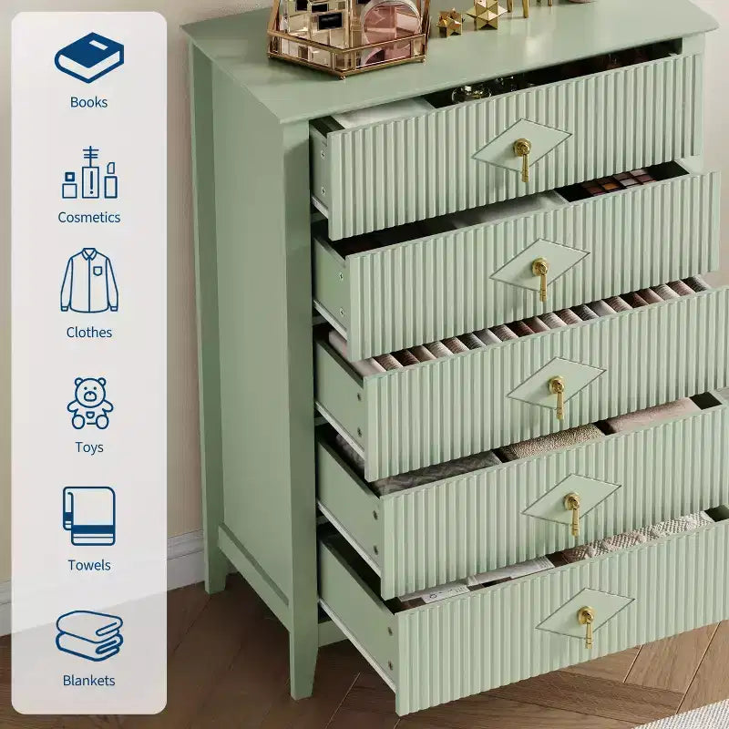 Cassettiera a 5 cassetti per camera da letto, comò in legno da 32" di larghezza con maniglie in metallo, organizer per vestiti scanalato, comodino stretto