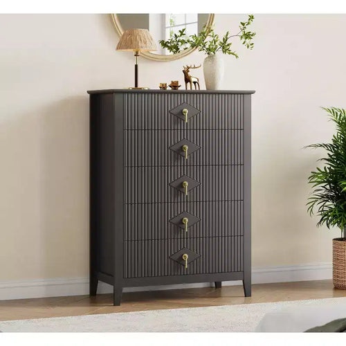 Cassettiera a 5 cassetti per camera da letto, comò in legno da 32" di larghezza con maniglie in metallo, organizer per vestiti scanalato, comodino stretto