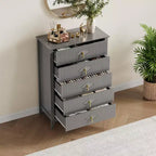 Cassettiera a 5 cassetti per camera da letto, comò in legno da 32" di larghezza con maniglie in metallo, organizer per vestiti scanalato, comodino stretto