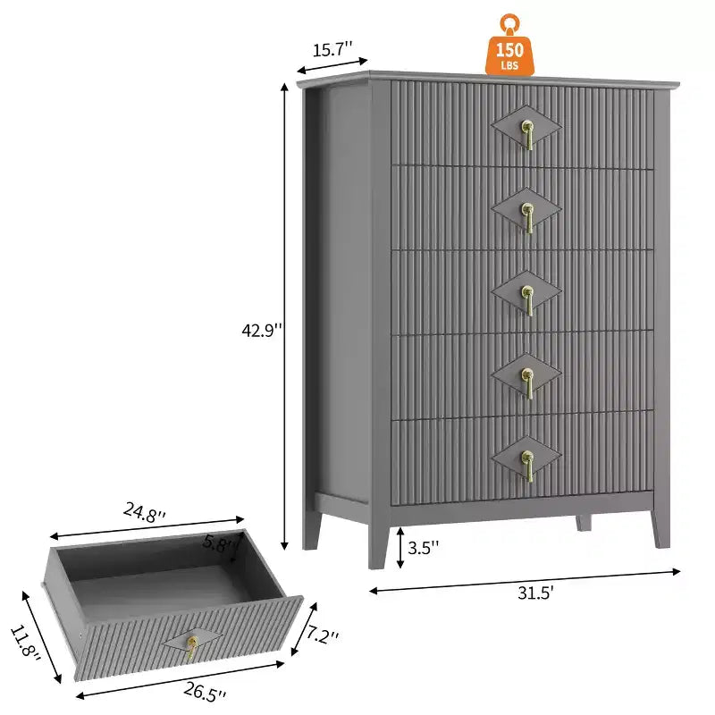 Cassettiera a 5 cassetti per camera da letto, comò in legno da 32" di larghezza con maniglie in metallo, organizer per vestiti scanalato, comodino stretto