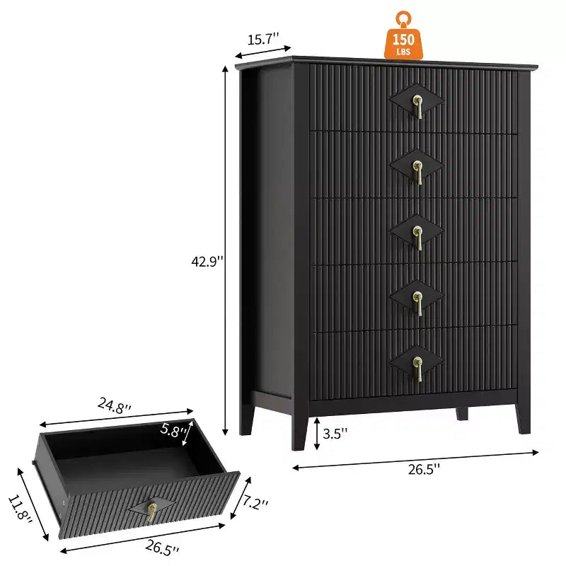 Cassettiera a 5 cassetti per camera da letto, comò in legno da 32" di larghezza con maniglie in metallo, organizer per vestiti scanalato, comodino stretto