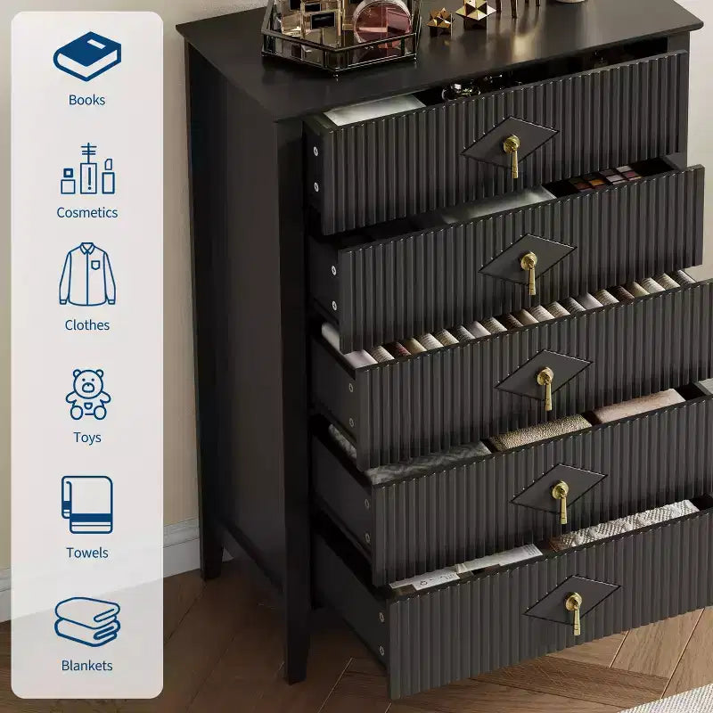 Cassettiera a 5 cassetti per camera da letto, comò in legno da 32" di larghezza con maniglie in metallo, organizer per vestiti scanalato, comodino stretto