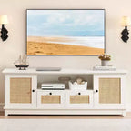 TV Stand, Entertainment Center - for 65+ Inch TV, Rattan Media Console with Storage & Mesh Door, Modern White TV Cabinet for Living Room