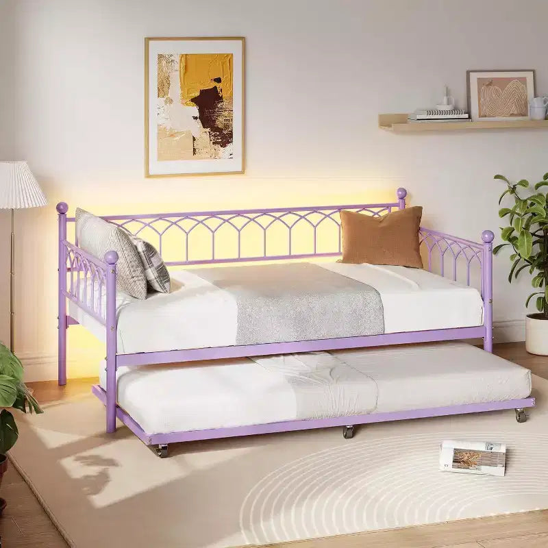 Acekool Struttura Letto a Scomparsa Singolo con Rotelle, Letto a Piattaforma in Metallo con Stazione di Ricarica, Letto per Ospiti Salvaspazio per Camera da Letto, Soggiorno