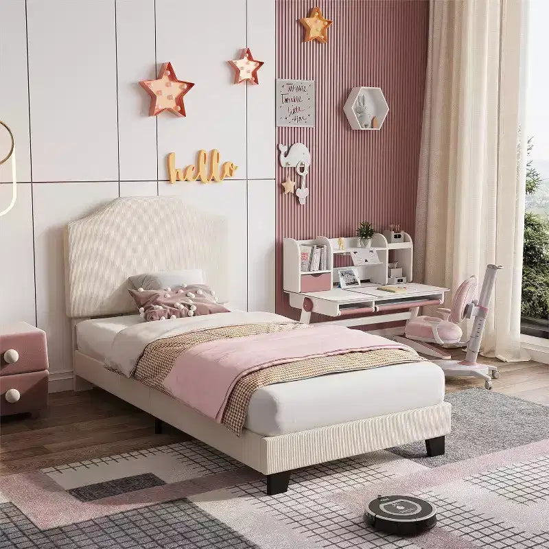 Struttura letto singola per bambini Acekool con testiera in velluto a coste, piattaforma imbottita in velluto, supporto a doghe, nessun bisogno di rete, facile da montare
