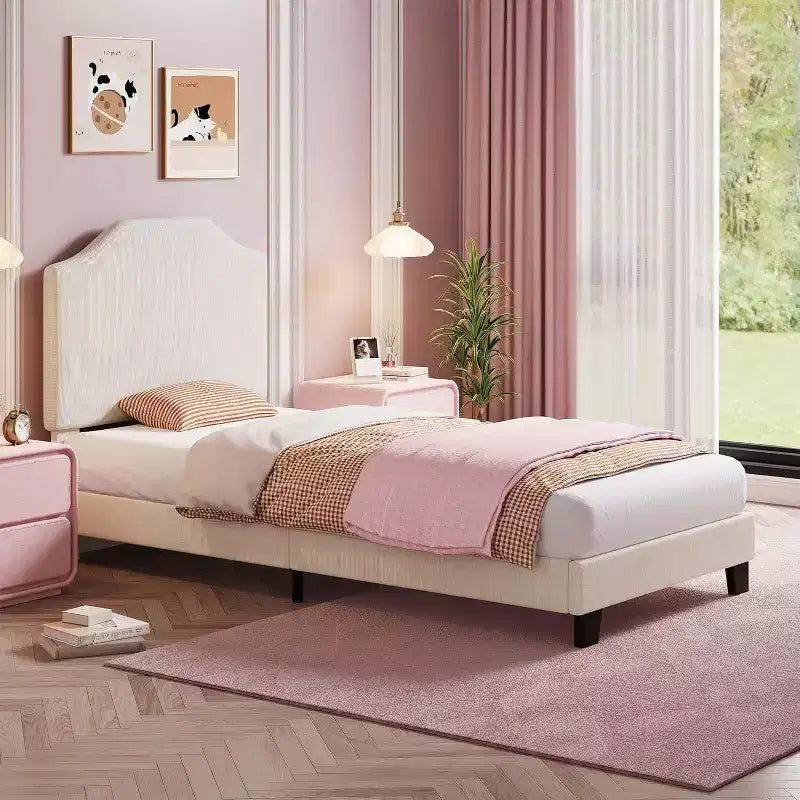 Struttura letto singola per bambini Acekool con testiera in velluto a coste, piattaforma imbottita in velluto, supporto a doghe, nessun bisogno di rete, facile da montare