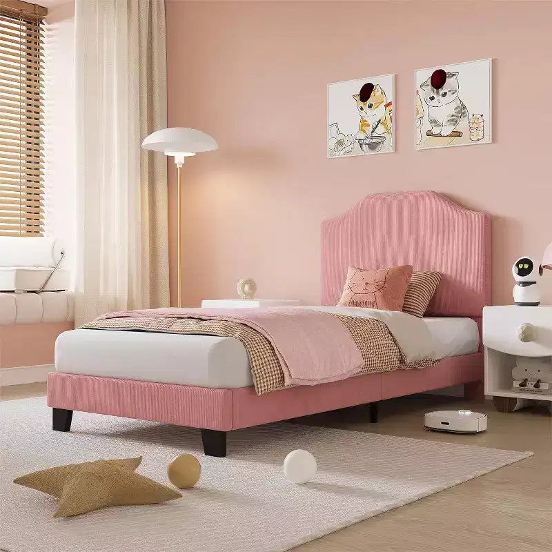 Struttura letto singola per bambini Acekool con testiera in velluto a coste, piattaforma imbottita in velluto, supporto a doghe, nessun bisogno di rete, facile da montare