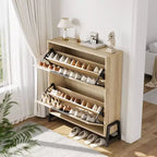 Acekool Oak Shoe Cabinet - 2 Flip-Drawer Storage Organizer with Metal Legs for Entryway & Hallway