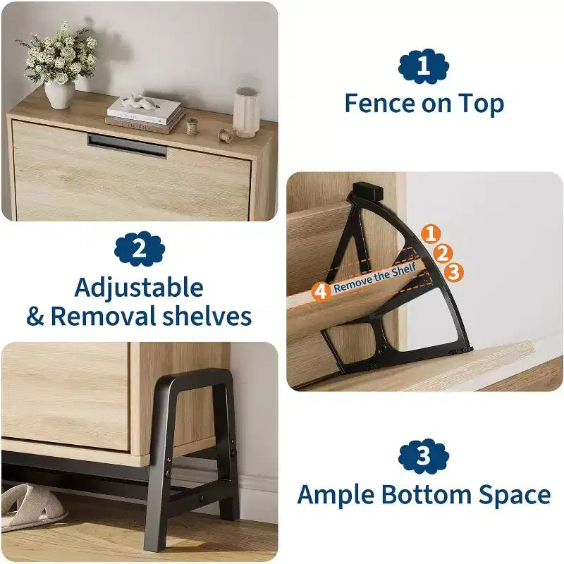 Acekool Scarpiera in Rovere - Organizer a 2 Scomparti Ribaltabili con Gambe in Metallo per Ingresso e Corridoio