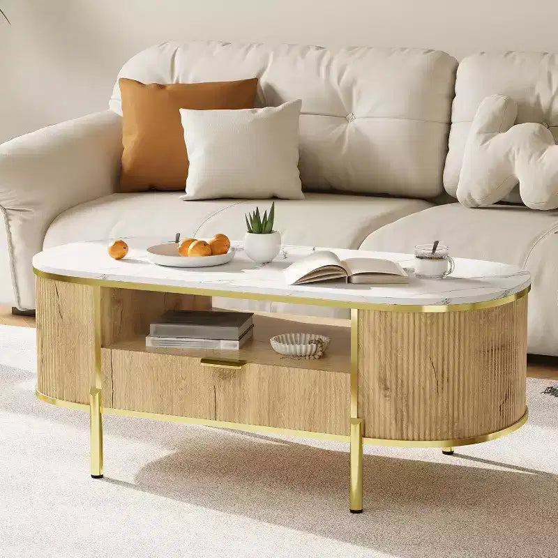 Acekool Tavolino da caffè ovale da 48 pollici con ripiano in finto marmo, gambe in metallo dorato, design in legno scanalato e cassetto portaoggetti, tavolo moderno per soggiorno blu navy