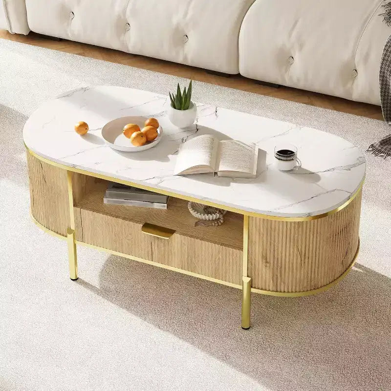 Acekool Tavolino da caffè ovale da 48 pollici con ripiano in finto marmo, gambe in metallo dorato, design in legno scanalato e cassetto portaoggetti, tavolo moderno per soggiorno blu navy