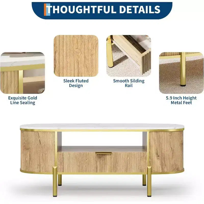 Acekool Tavolino da caffè ovale da 48 pollici con ripiano in finto marmo, gambe in metallo dorato, design in legno scanalato e cassetto portaoggetti, tavolo moderno per soggiorno blu navy