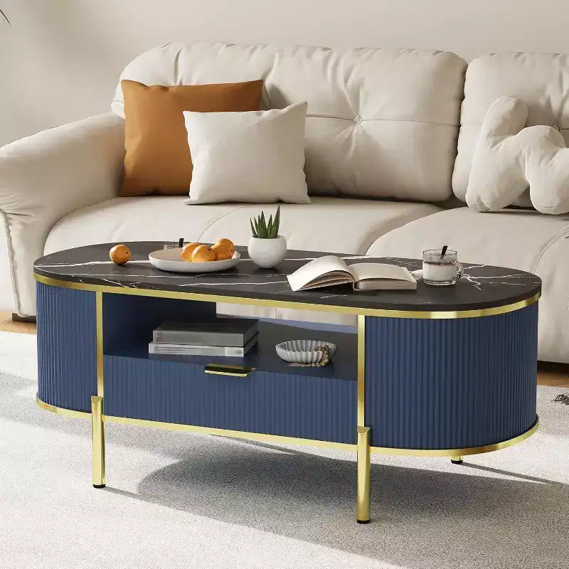 Acekool Tavolino da caffè ovale da 48 pollici con ripiano in finto marmo, gambe in metallo dorato, design in legno scanalato e cassetto portaoggetti, tavolo moderno per soggiorno blu navy