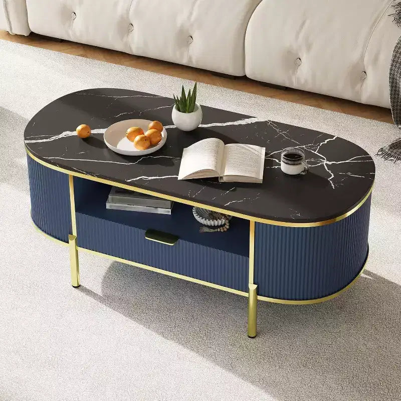 Acekool Tavolino da caffè ovale da 48 pollici con ripiano in finto marmo, gambe in metallo dorato, design in legno scanalato e cassetto portaoggetti, tavolo moderno per soggiorno blu navy
