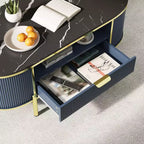 Acekool Tavolino da caffè ovale da 48 pollici con ripiano in finto marmo, gambe in metallo dorato, design in legno scanalato e cassetto portaoggetti, tavolo moderno per soggiorno blu navy