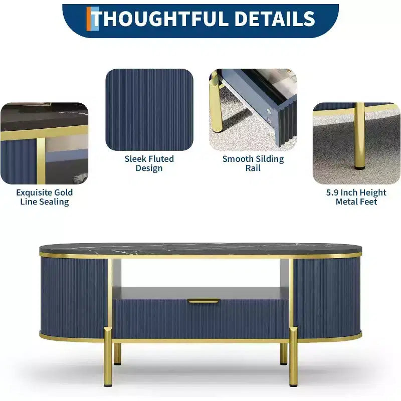 Acekool Tavolino da caffè ovale da 48 pollici con ripiano in finto marmo, gambe in metallo dorato, design in legno scanalato e cassetto portaoggetti, tavolo moderno per soggiorno blu navy