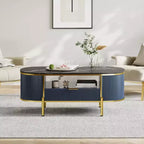 Acekool Tavolino da caffè ovale da 48 pollici con ripiano in finto marmo, gambe in metallo dorato, design in legno scanalato e cassetto portaoggetti, tavolo moderno per soggiorno blu navy
