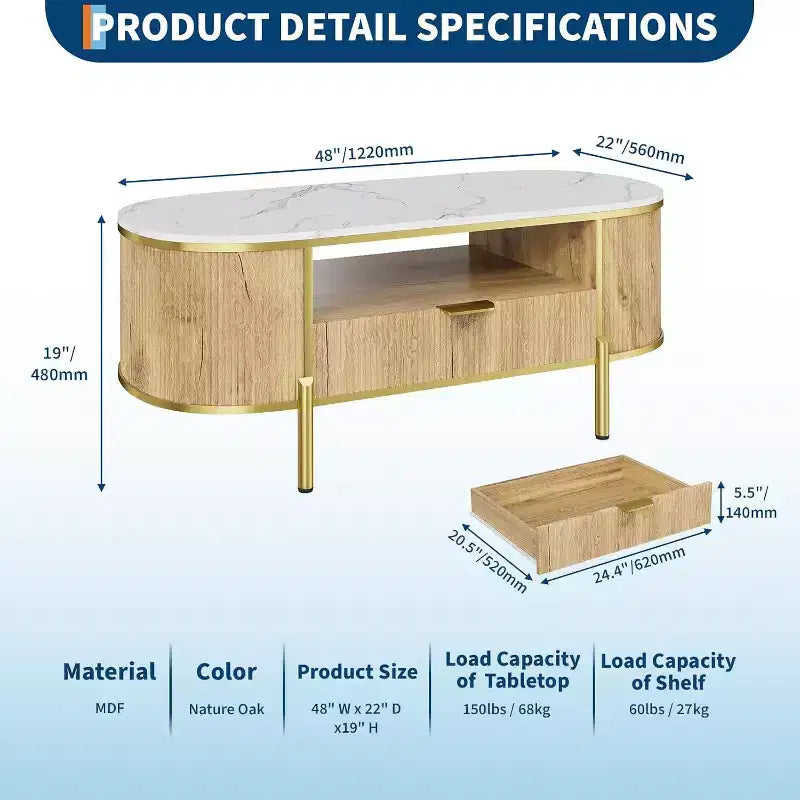 Acekool Tavolino da caffè ovale da 48 pollici con ripiano in finto marmo, gambe in metallo dorato, design in legno scanalato e cassetto portaoggetti, tavolo moderno per soggiorno blu navy