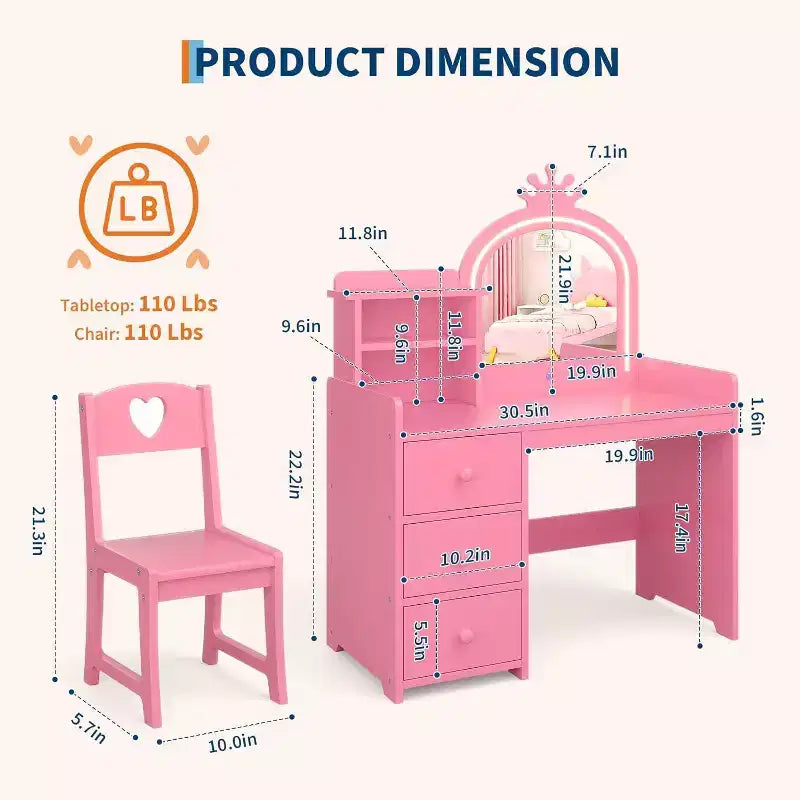 Acekool Toeletta Bianca da Principessa per Bambini con Specchio a Corona e Luci LED, Cassetti e Ripiani Contenitori, Tavolo da Trucco e Attività 2 in 1 con Sedia