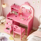 Acekool Toeletta Bianca da Principessa per Bambini con Specchio a Corona e Luci LED, Cassetti e Ripiani Contenitori, Tavolo da Trucco e Attività 2 in 1 con Sedia