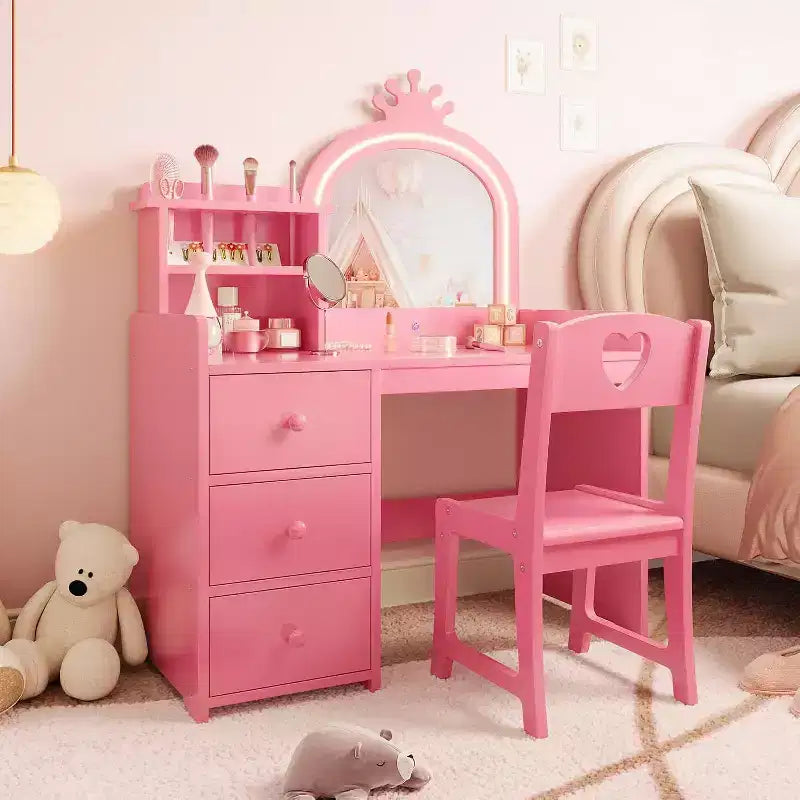 Acekool Toeletta Bianca da Principessa per Bambini con Specchio a Corona e Luci LED, Cassetti e Ripiani Contenitori, Tavolo da Trucco e Attività 2 in 1 con Sedia