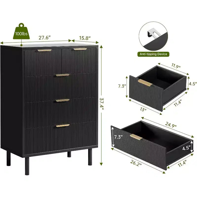 Acekool Wave, cassettiera alta con scanalature e 5 cassetti, cassettone da 96,5 cm con dispositivo antiribaltamento, ampio comodino a 4 livelli per camera da letto, corridoio, ingresso, nero