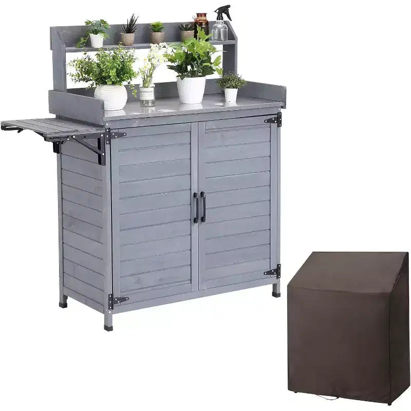 Acekool Banco da Lavoro per Invasatura in Legno Massello - Tavolo da Giardino Esterno con Piano in Metallo, Armadietto Contenitore e Copertura per Attrezzi da Giardinaggio
