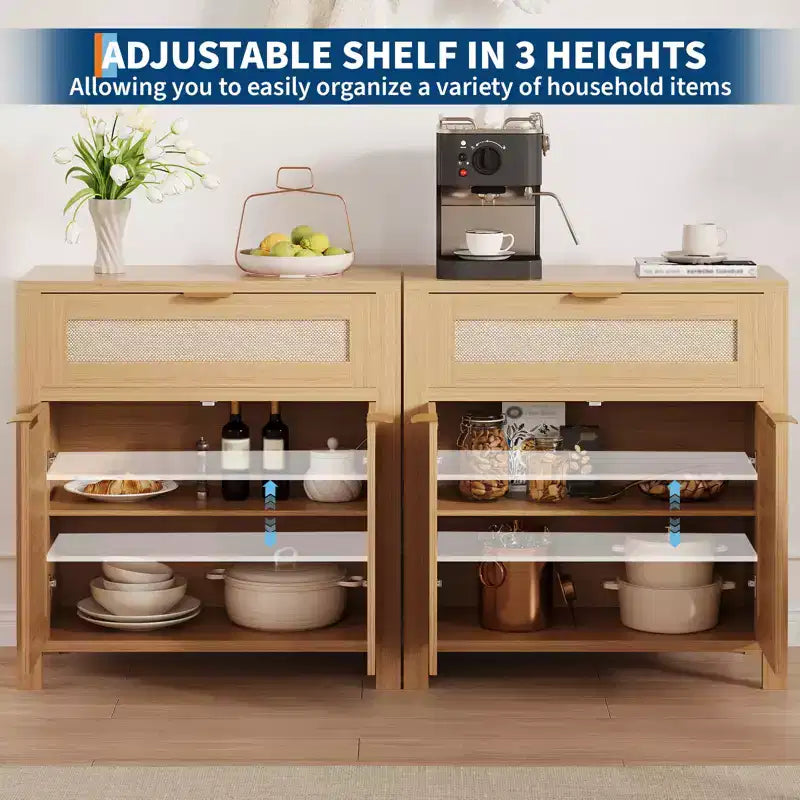 Credenza a buffet con contenitore, mobile in rattan con cassetto e anta decorata con ripiani regolabili, tavolo console da bar per soggiorno cucina